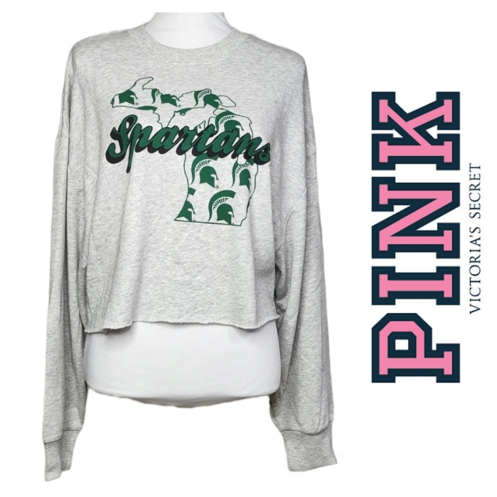 PINK Victoria Secret NWT Spartans MSU Sweatshirt Crop Top Shirt Womens M